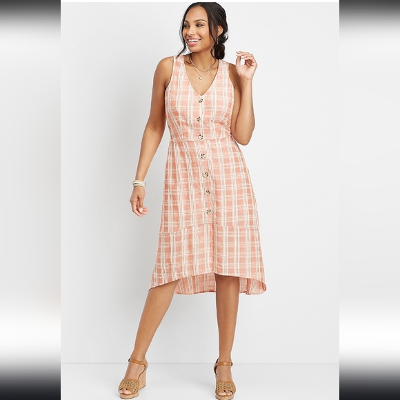 Maurices Dresses & Skirts - Maurices Peach Plaid Button-Front Midi Dress